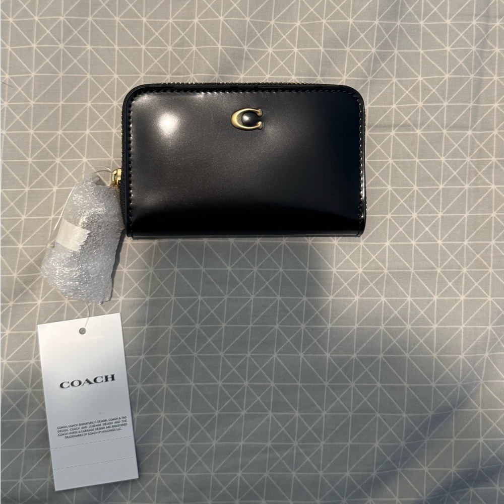 New Coach Small Zip Around Card Case Wallet with Charms Black Spazzolato Leather